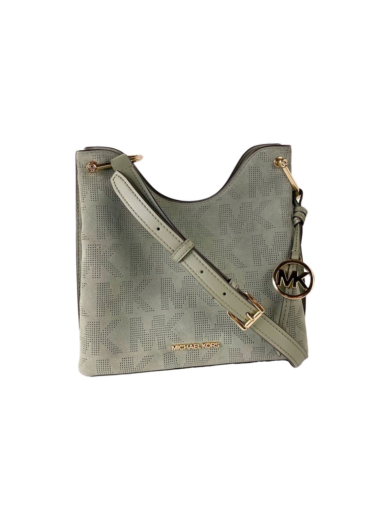 Michael Kors Joan Large Perforated Suede Leather Slouchy Messenger Handbag (Army Green) - Luxour