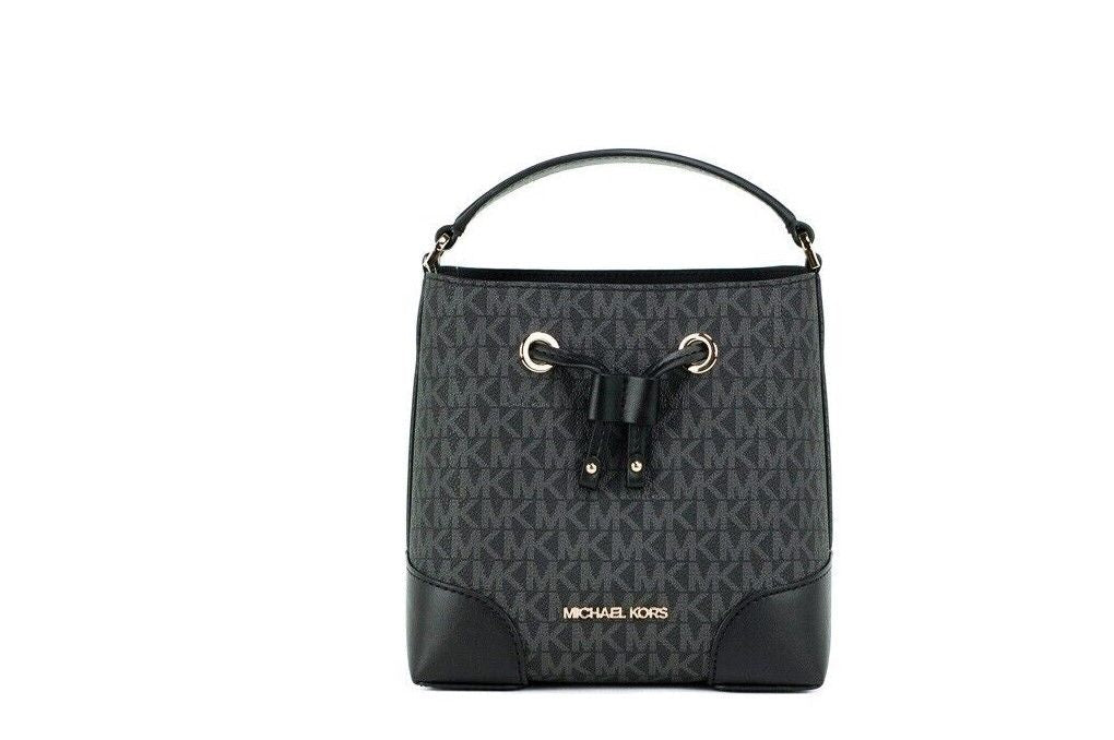 Michael Kors Mercer Small Black Signature Leather Bucket Crossbody Handbag Purse - Luxour