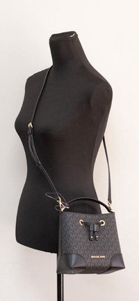 Thumbnail for Michael Kors Mercer Small Black Signature Leather Bucket Crossbody Handbag Purse - Luxour