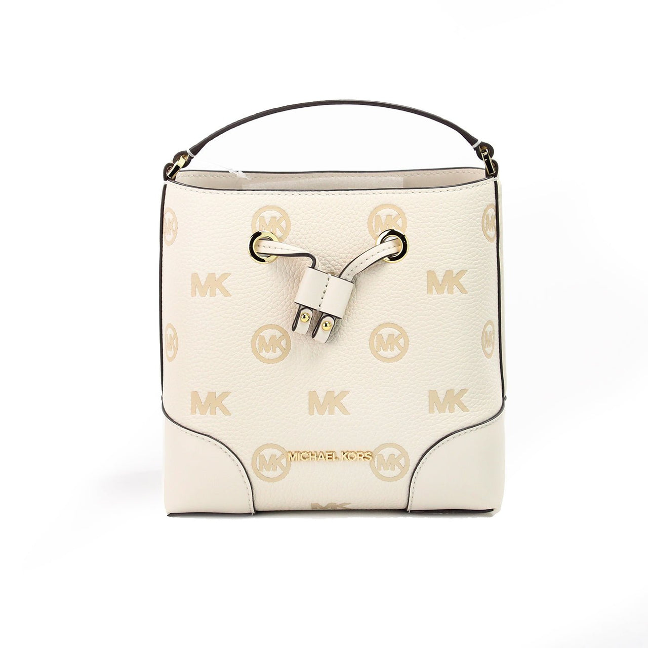 Michael Kors Mercer Small Light Cream Embossed Drawstring Bucket Messenger Bag - Luxour