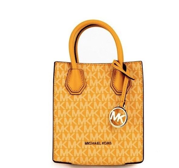 Luxour, Michael Kors Mercer XS Honeycomb Gold Signature PVC North South Shopper Crossbody Bag, 