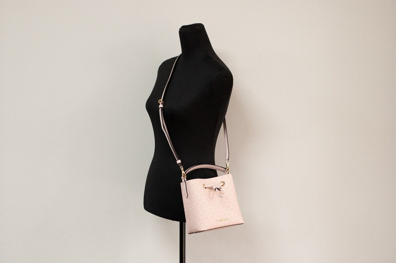 Michael Kors Suri Small Dark Powder Blush Signature PVC Bucket Crossbody Handbag - Luxour