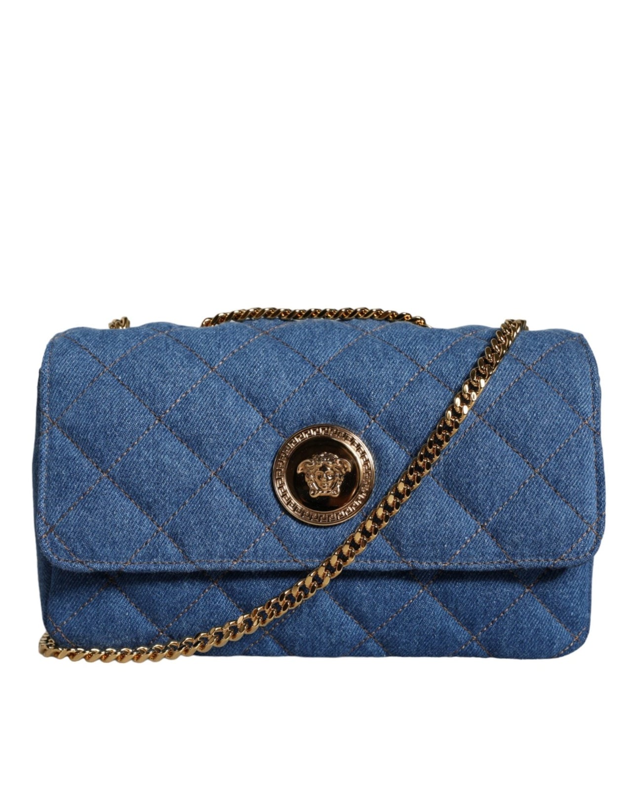 Luxour, Versace Blue Quilted Denim Leather Crossbody Shoulder Bag, 