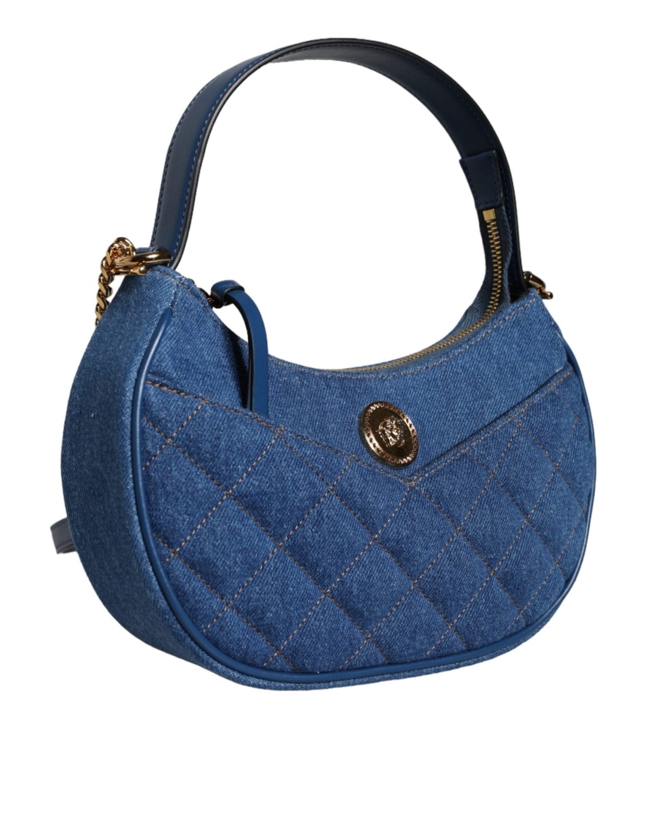 Luxour, Versace Blue Quilted Denim Leather Top Handle Shoulder Bag, 