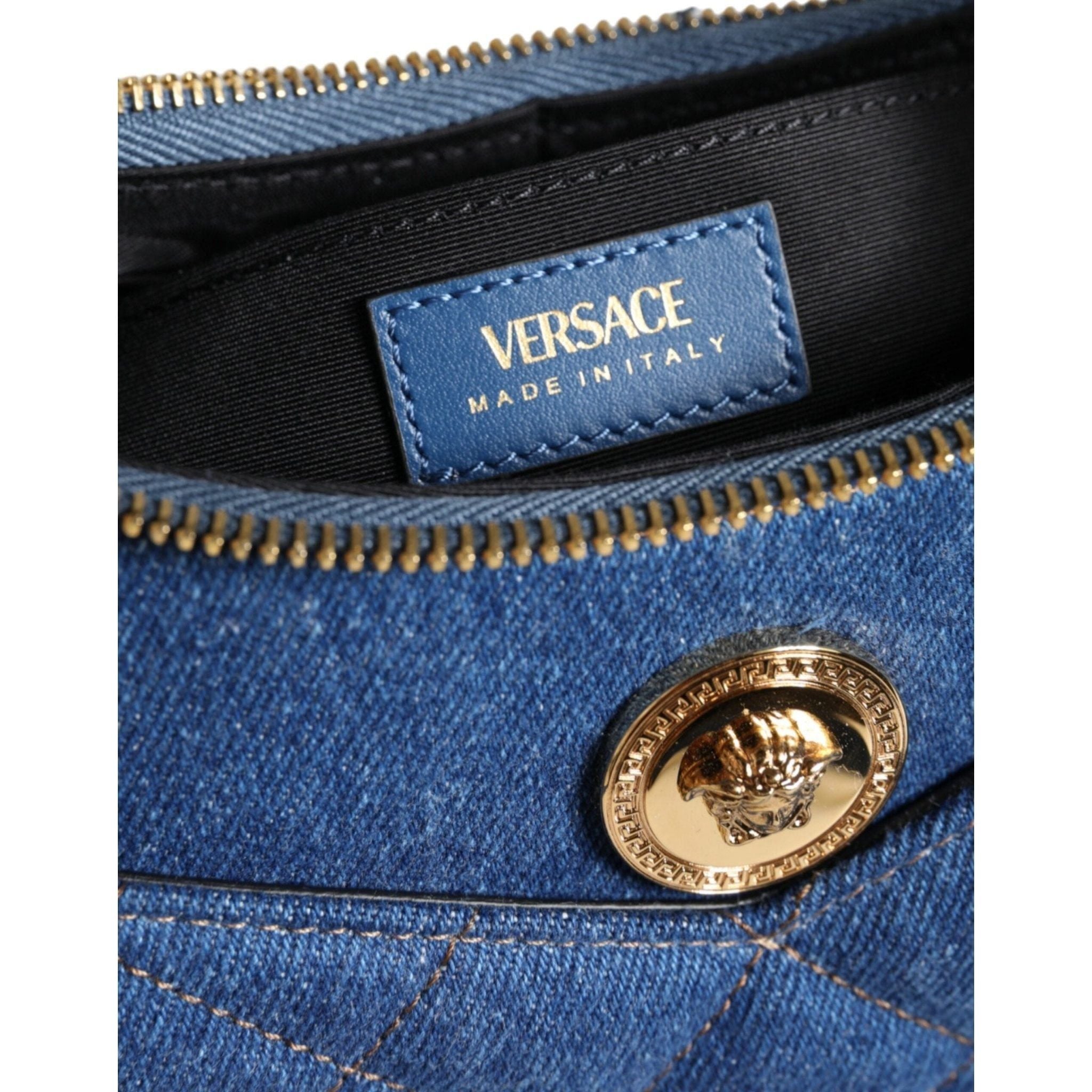 Luxour, Versace Blue Quilted Denim Leather Top Handle Shoulder Bag, 