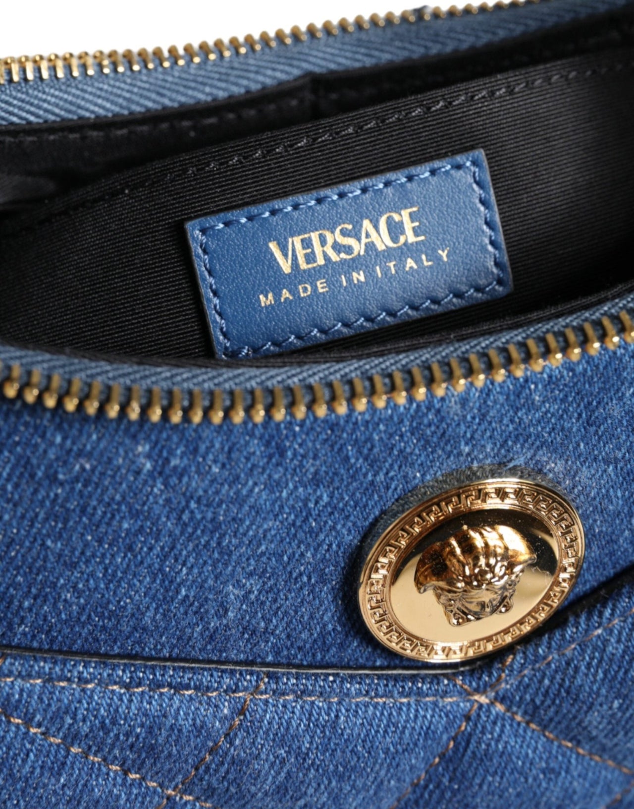 Luxour, Versace Blue Quilted Denim Leather Top Handle Shoulder Bag, 