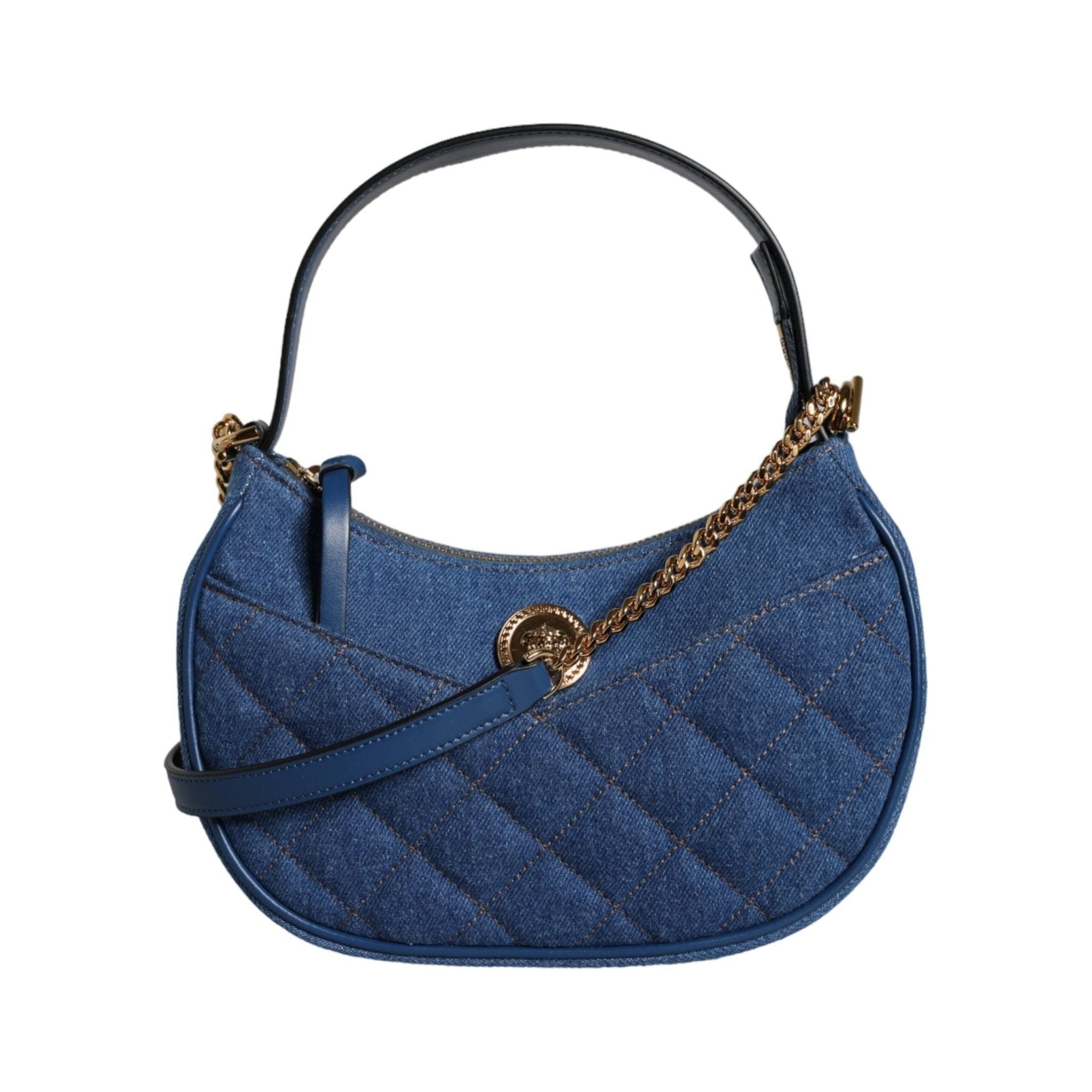 Luxour, Versace Blue Quilted Denim Leather Top Handle Shoulder Bag, 