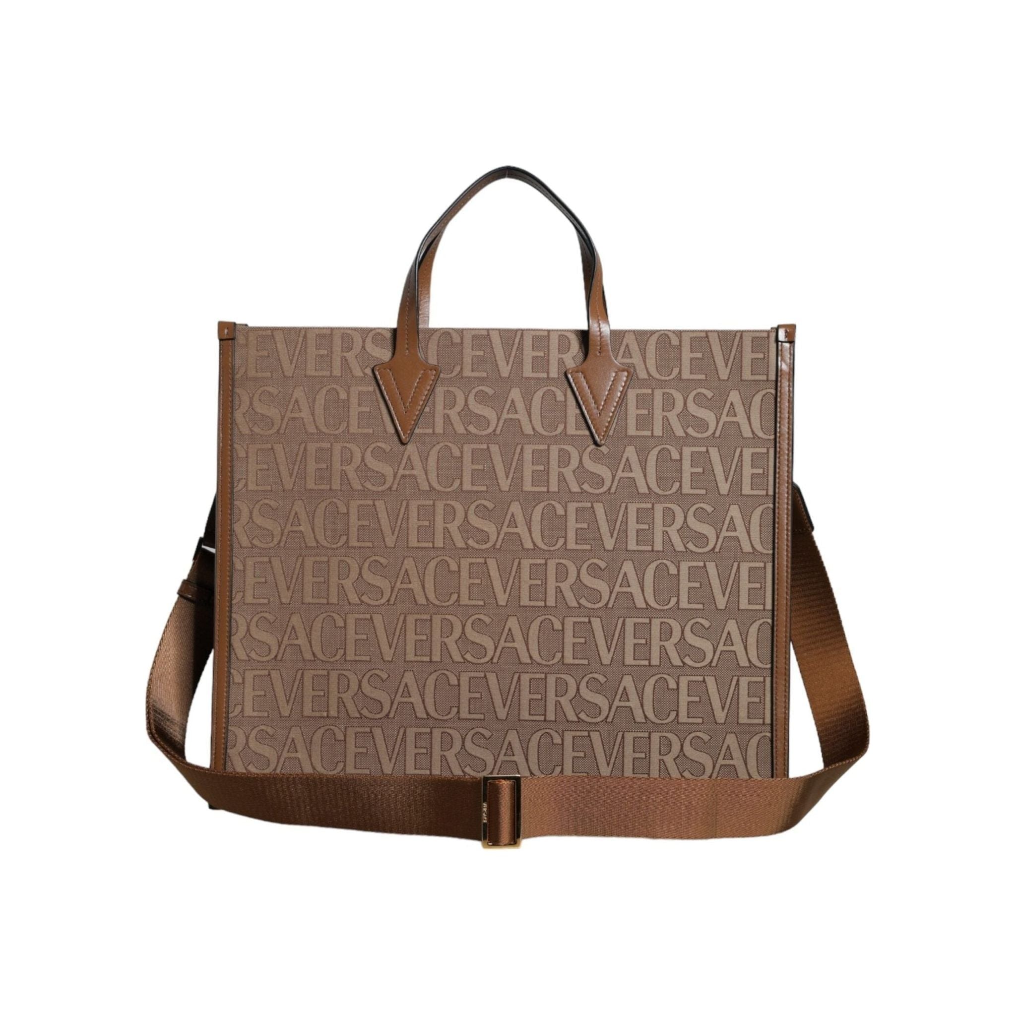 Versace Brown Top Handle Jacquard Leather Logo Crossbody Tote Bag - Luxour