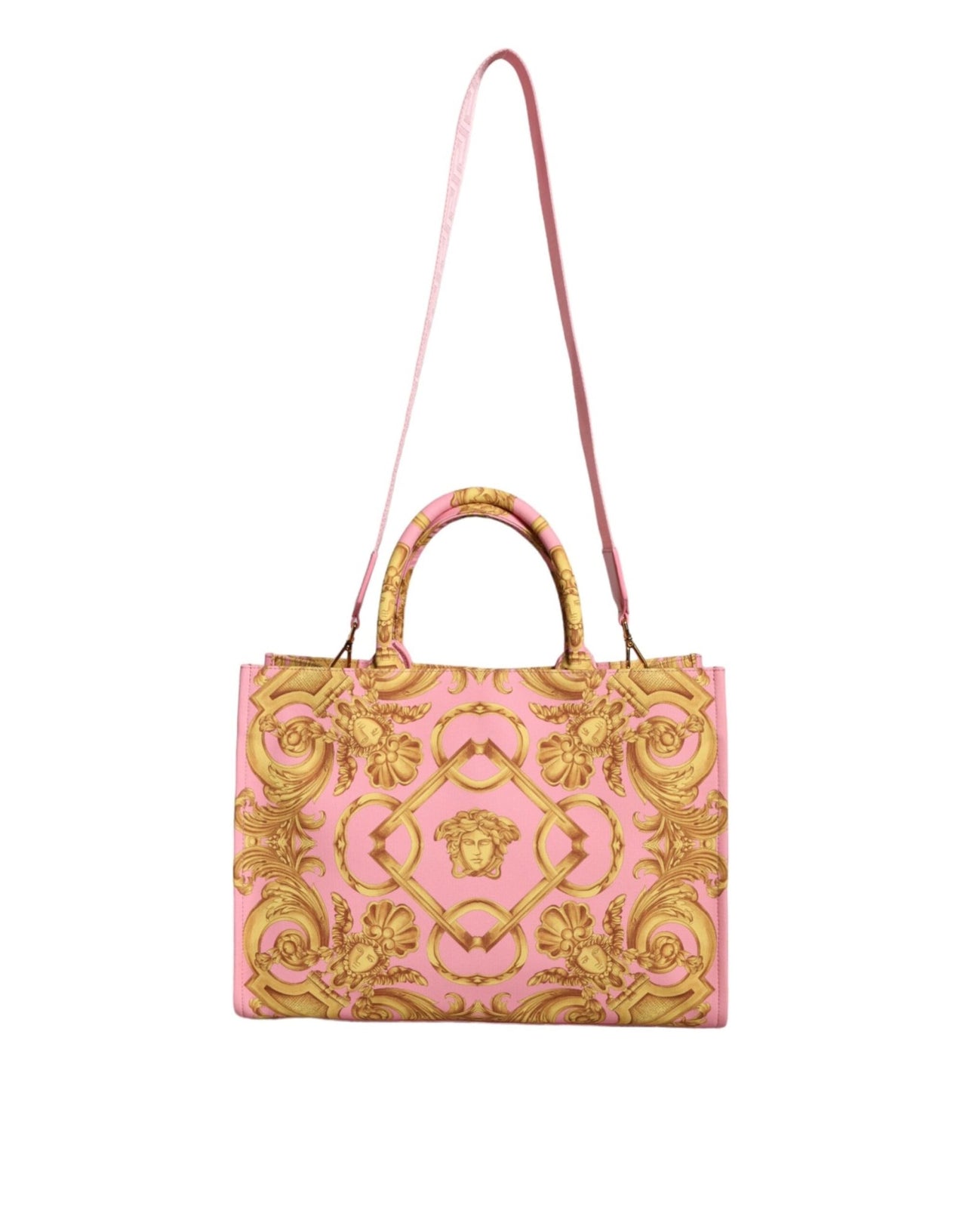 Luxour, Versace Pink Printed Large Fabric Leather Shopping Tote Bag, 