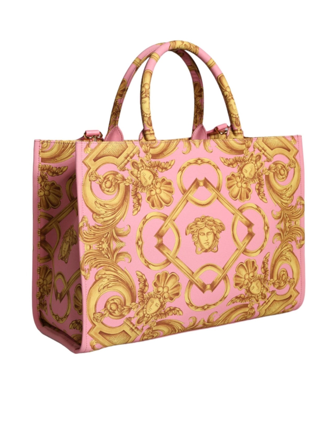 Luxour, Versace Pink Printed Large Fabric Leather Shopping Tote Bag, 