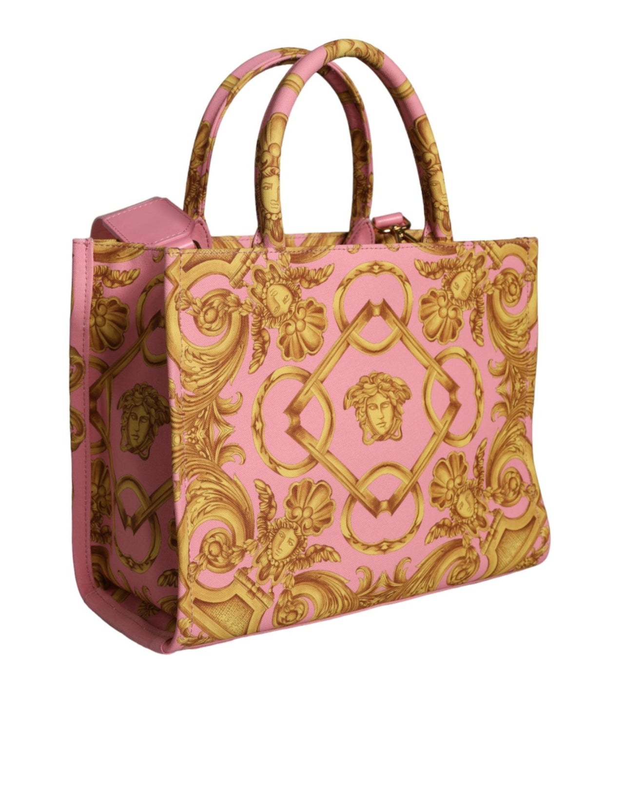 Luxour, Versace Pink Yellow Baroque Fabric Leather Shopping Tote Bag, 