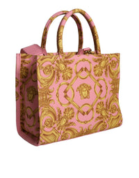 Thumbnail for Luxour, Versace Pink Yellow Baroque Fabric Leather Shopping Tote Bag, 