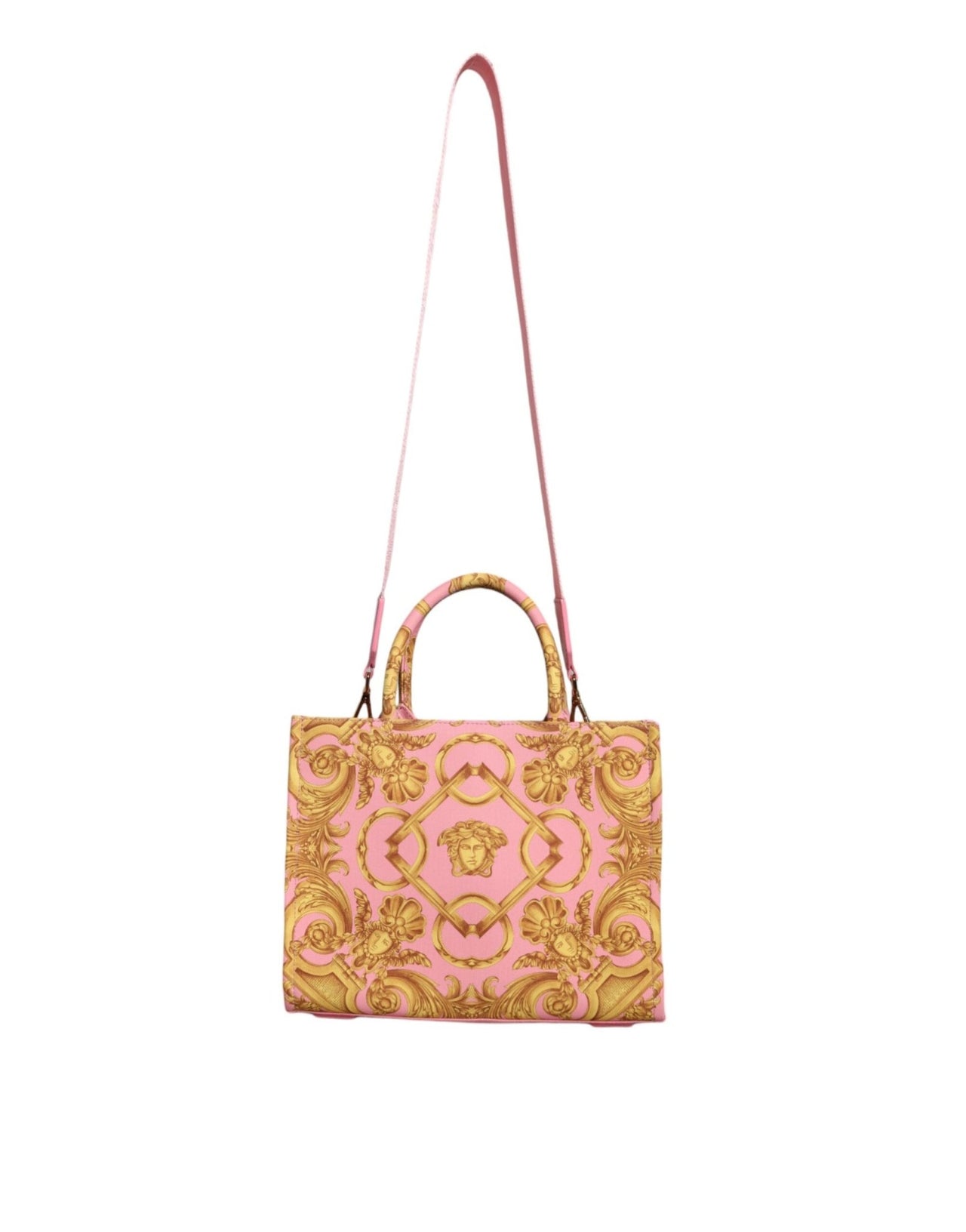 Luxour, Versace Pink Yellow Baroque Fabric Leather Shopping Tote Bag, 