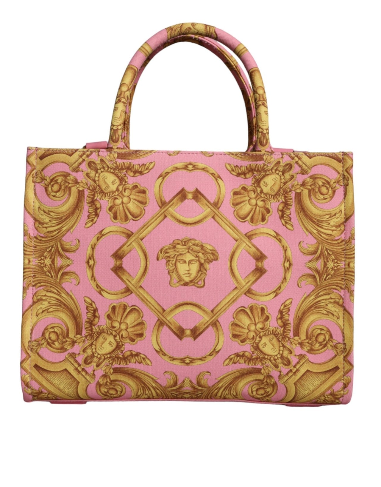 Luxour, Versace Pink Yellow Baroque Fabric Leather Shopping Tote Bag, 