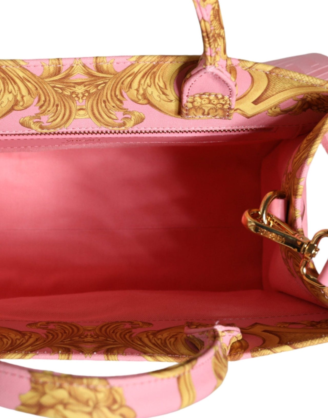 Luxour, Versace Pink Yellow Baroque Fabric Leather Shopping Tote Bag, 