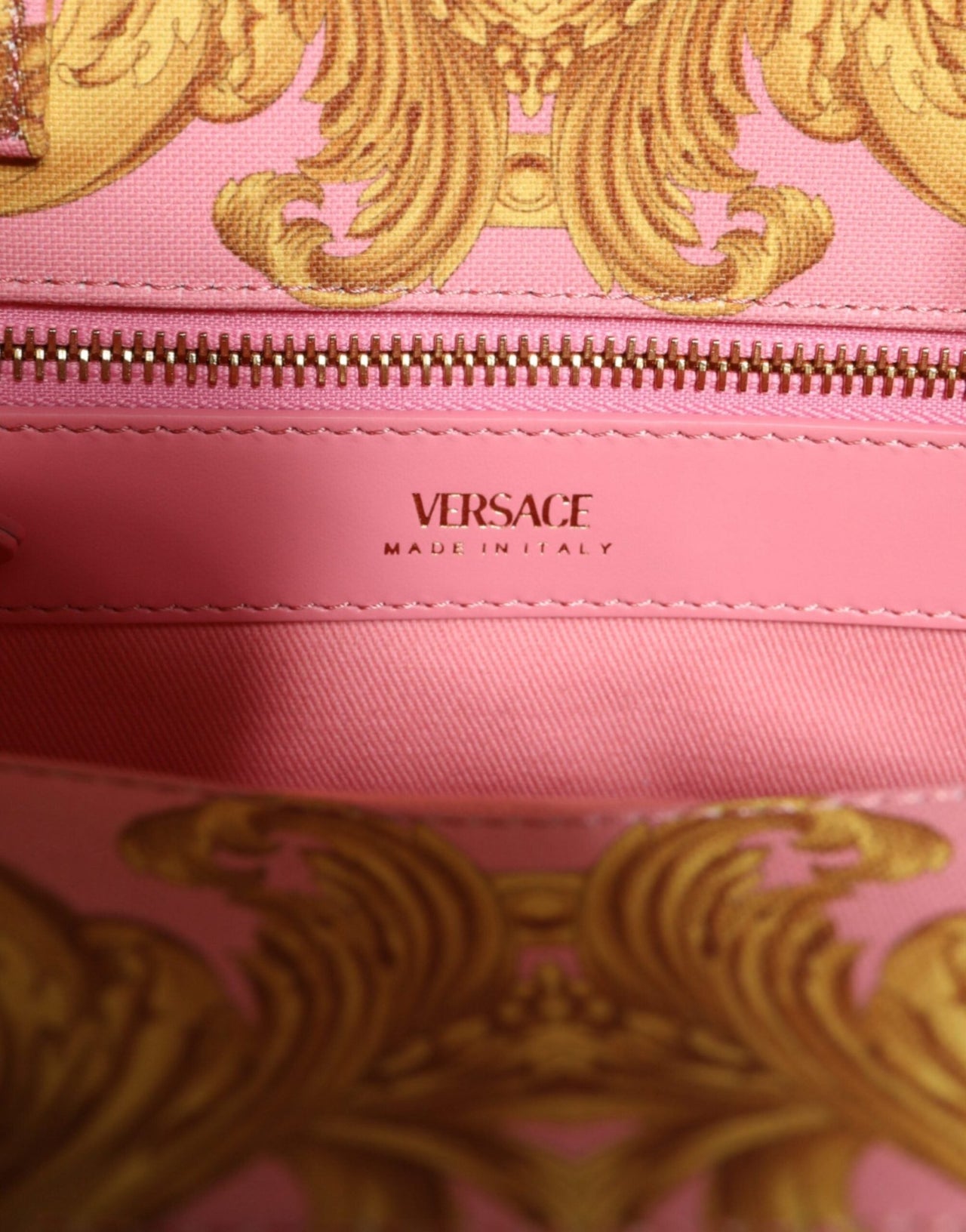 Luxour, Versace Pink Yellow Baroque Fabric Leather Shopping Tote Bag, 